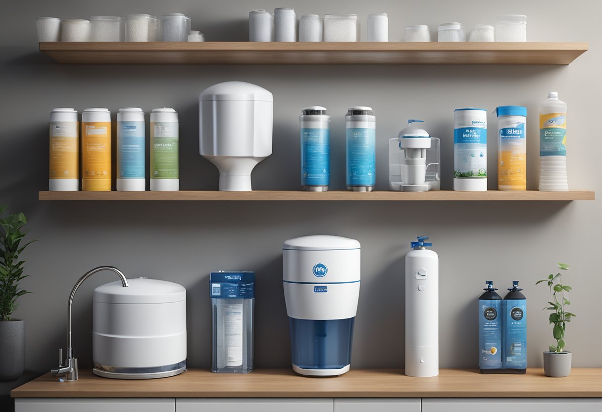 A hand reaches for a whole house water filter on a shelf, surrounded by various filter options and plumbing supplies