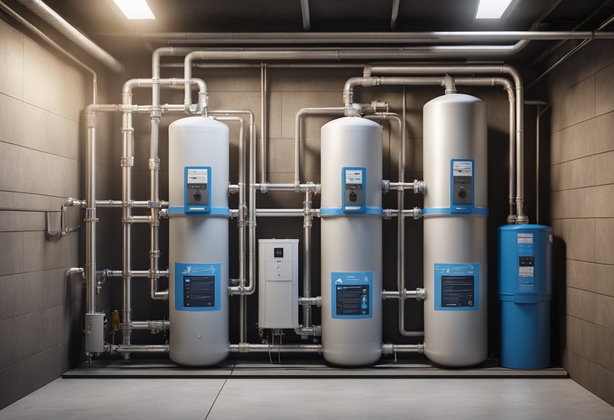 A whole house water filter system is installed in a basement utility room, with pipes connecting to the main water supply. The filter unit is large and has multiple chambers for thorough filtration