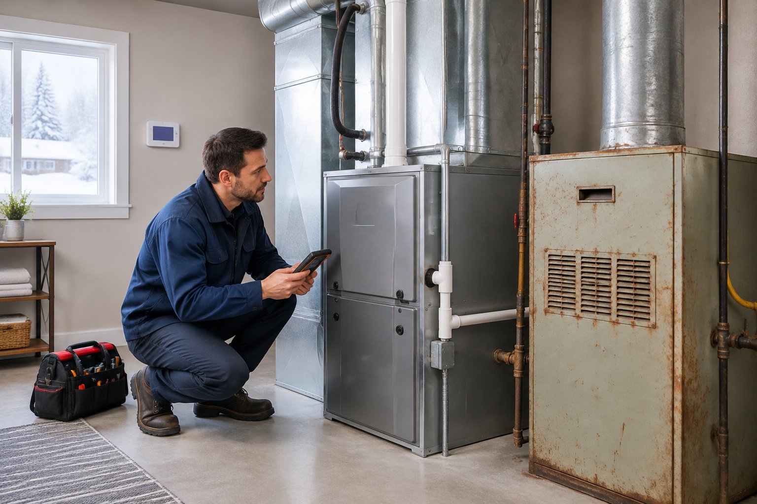 An HVAC technician inspects a new furnace beside an older unit in a home's utility room.