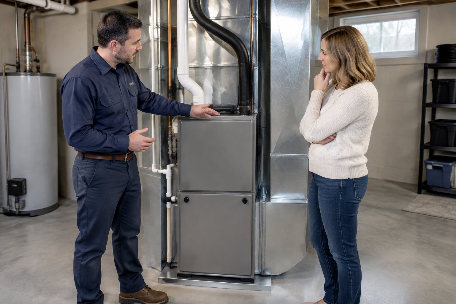 An HVAC technician discusses a modern furnace with a homeowner in a utility room.