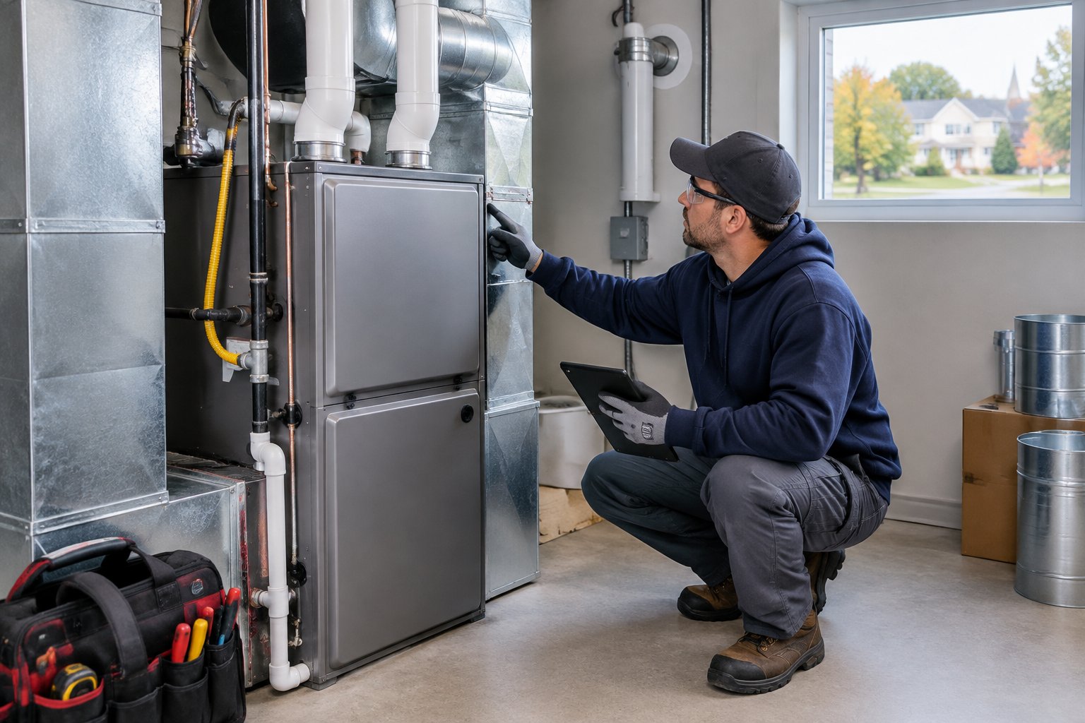 An HVAC technician inspects a newly installed furnace in a home's utility room.