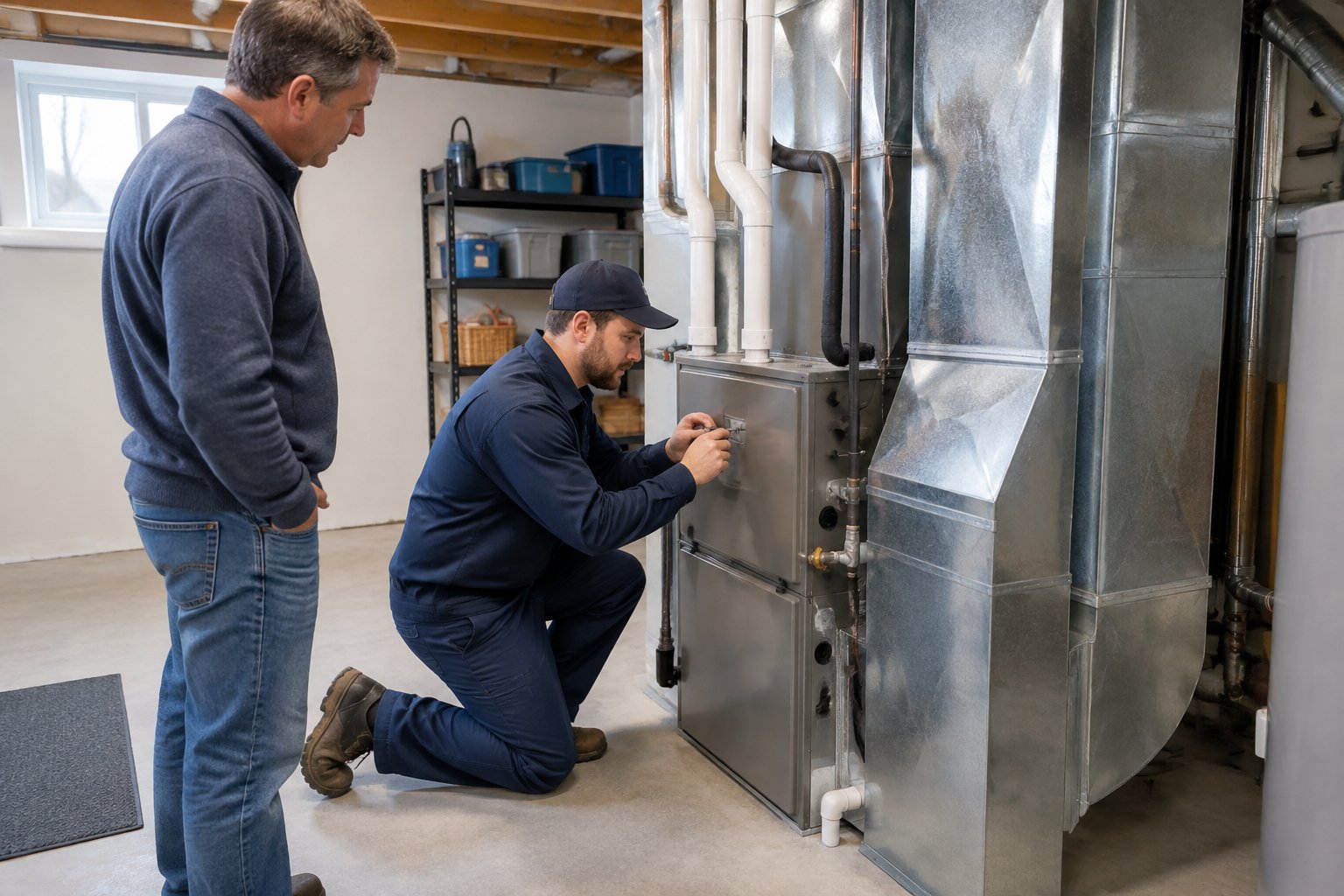 An HVAC technician installs a furnace in a home's utility room.