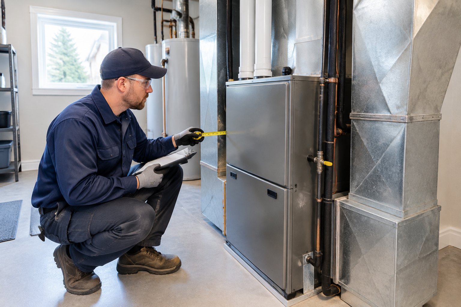 An HVAC technician measures a furnace in a residential utility room.