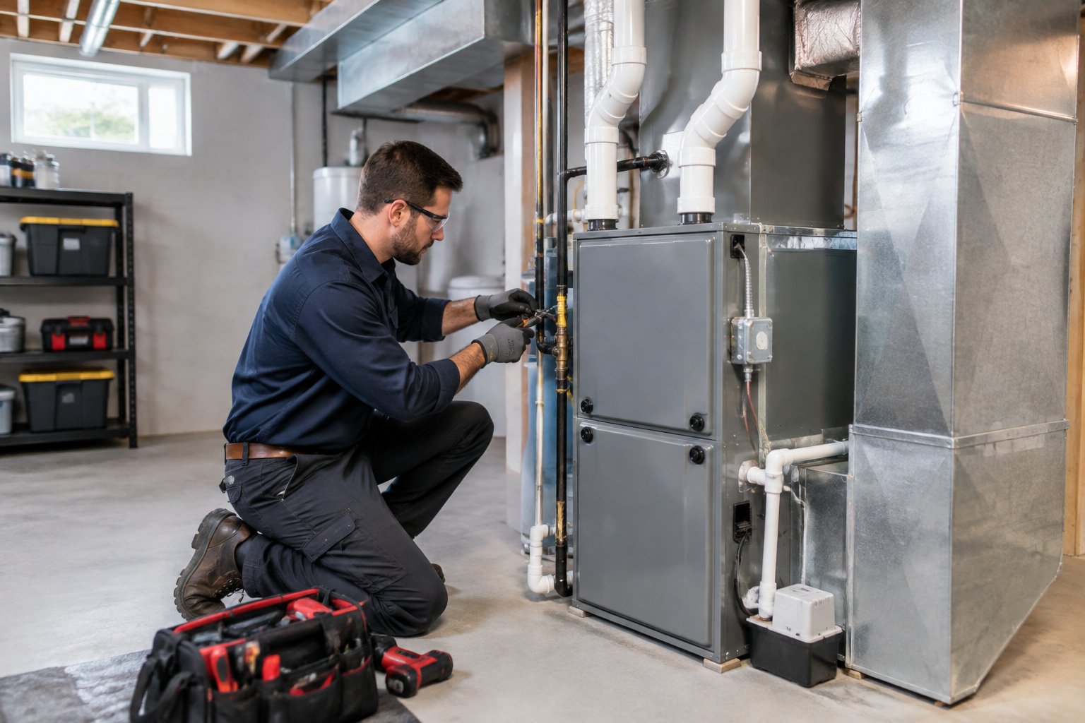 An HVAC technician installs a furnace in a home basement.